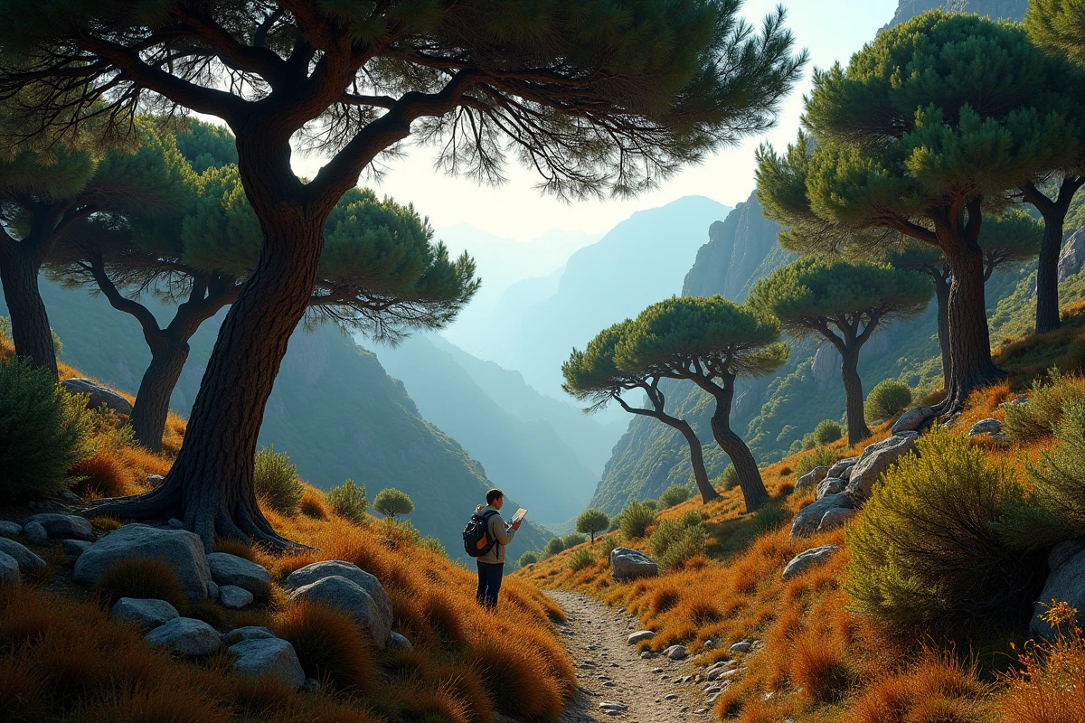 Forêt de cèdres du Rif dans le nord du Maroc en automne avec randonneur et carte topographique