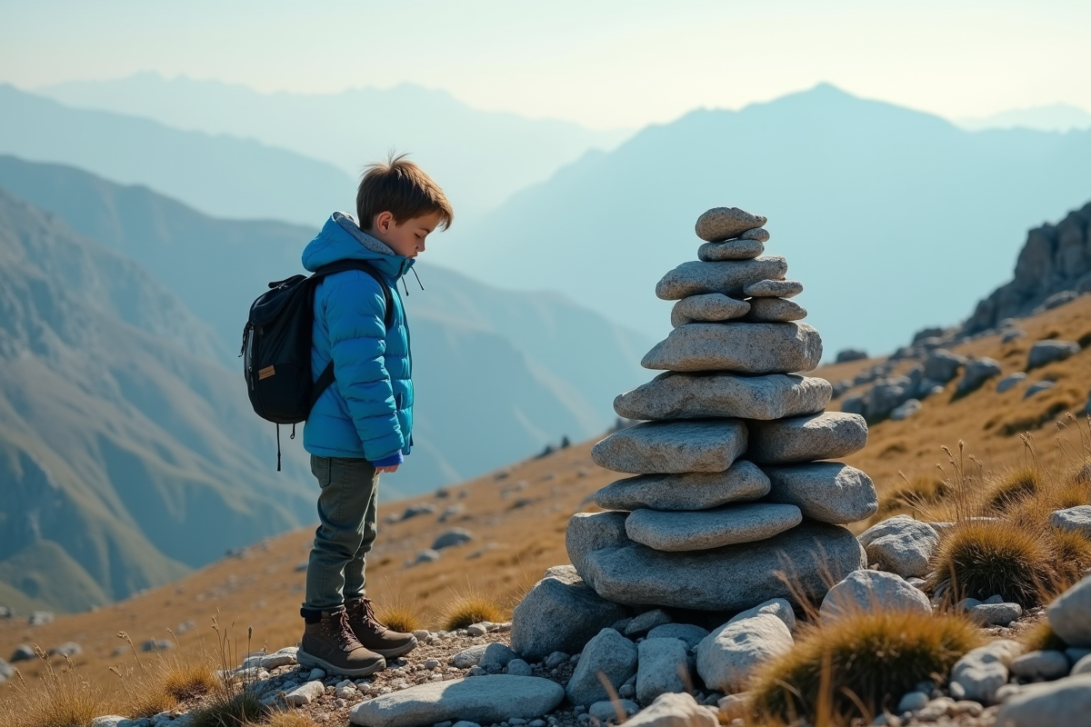 Jeune garçon près d’un cairn sur un sentier de montagne