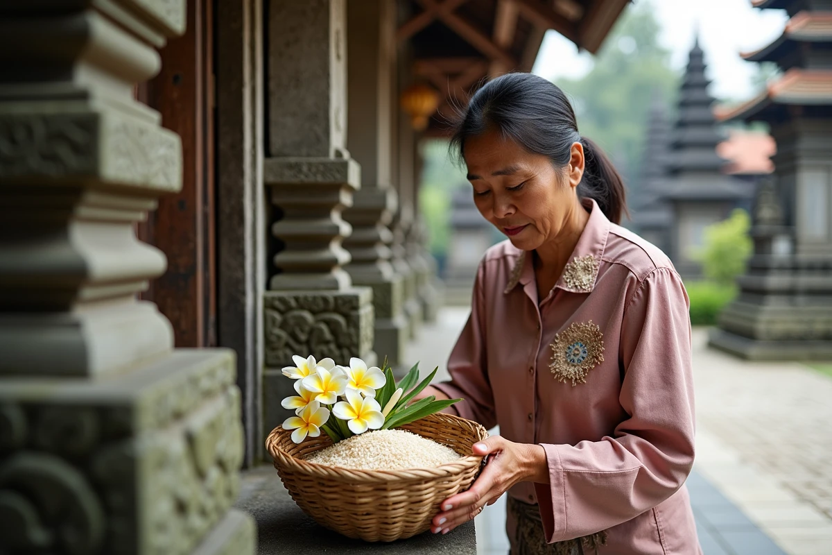 Gardienne de temple balinaise déposant une offrande traditionnelle canang sari dans l'enceinte sacrée de Taman Ayun