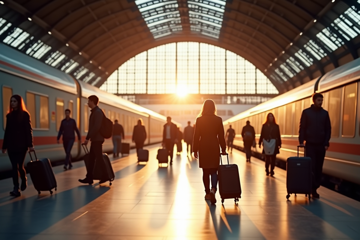 Plateforme de gare européenne élégante au matin avec voyageurs