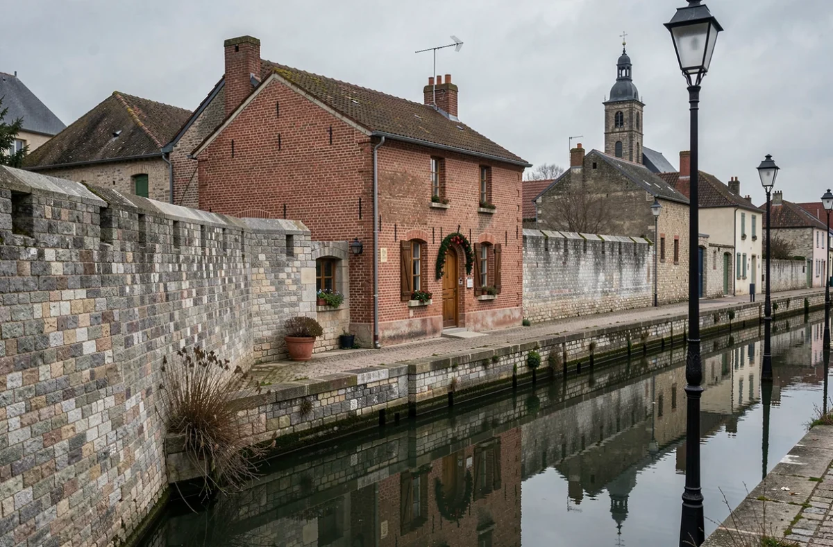 Gîte en briques rouges adossé aux remparts historiques de Bergues avec reflet du canal et beffroi en arrière-plan