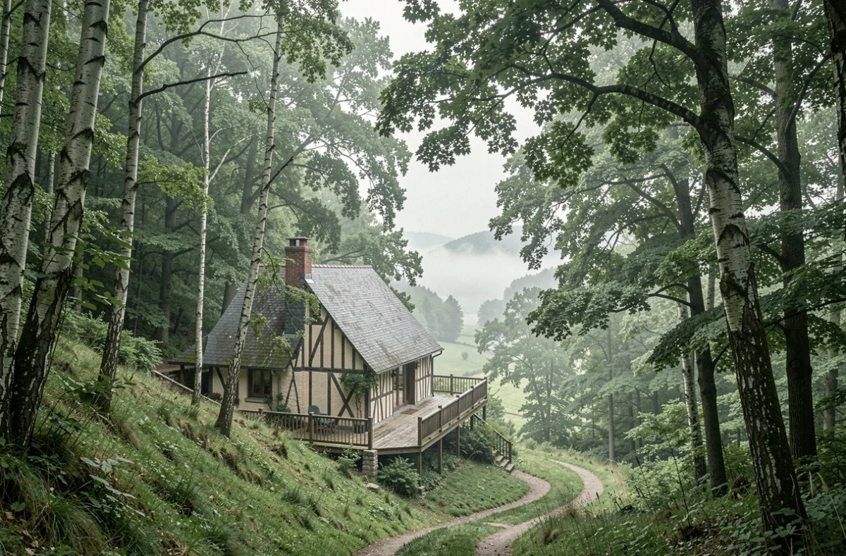 Gîte en bois avec toit en ardoise entouré de forêt de hêtres sur les hauteurs du Mont Noir à Berthen