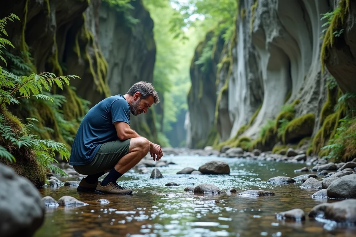 Homme explorant les gorges de la Nesque au bord d'un torrent rocheux dans le Vaucluse