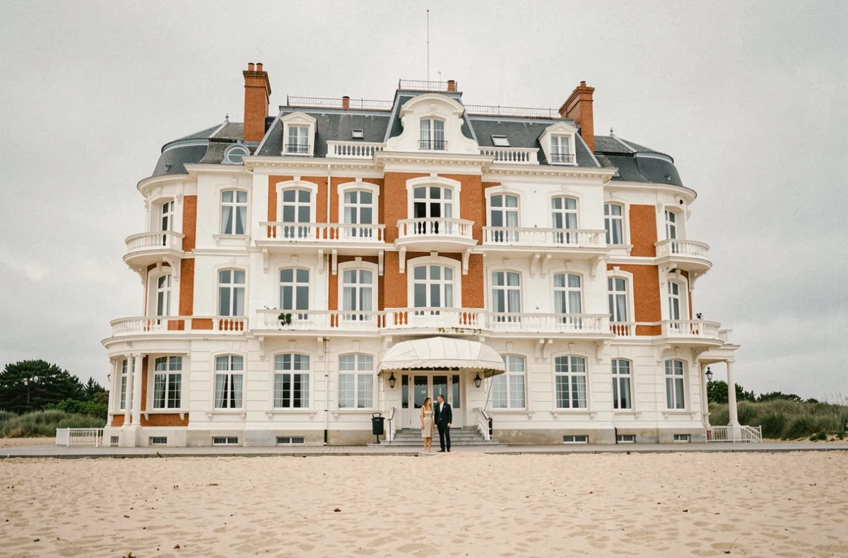 Façade majestueuse du Grand Hôtel le Touquet face à la plage, architecture Belle Époque normande