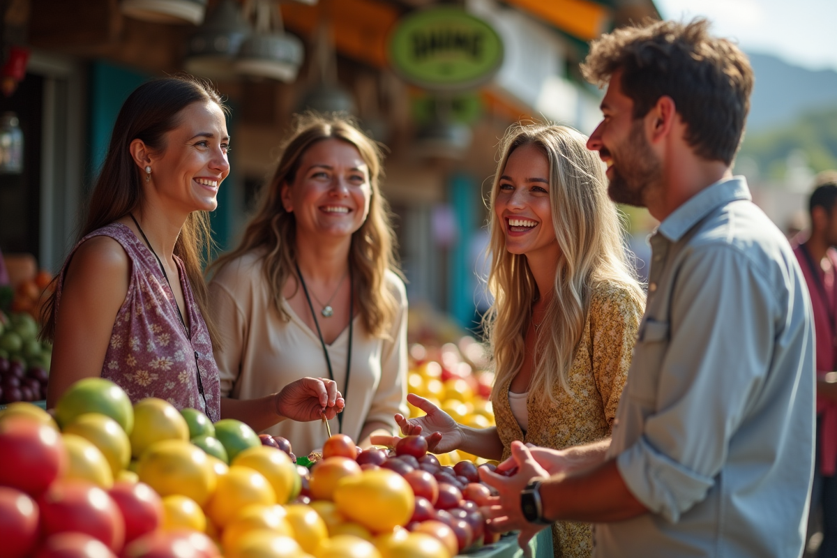 Groupe de personnes souriantes au marché de La Réunion