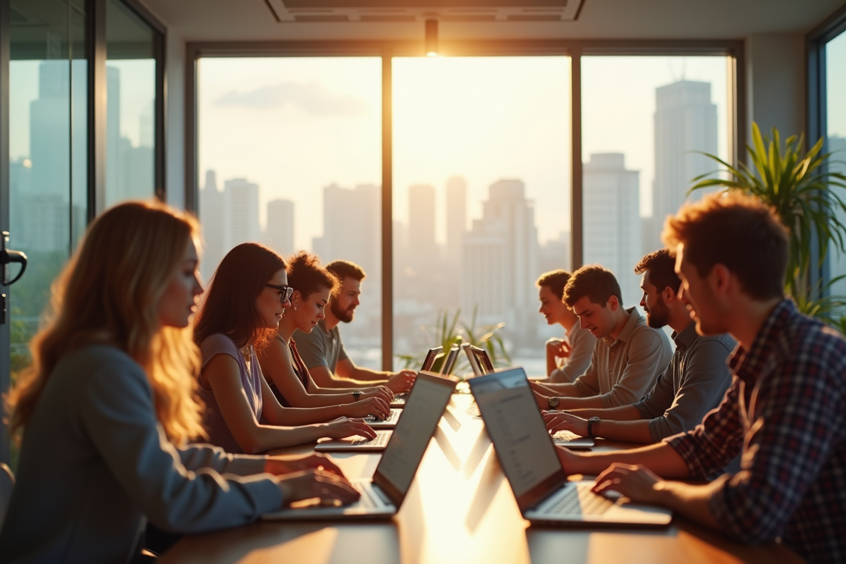Groupe divers collaborant dans un espace de coworking lumineux