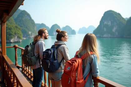 Groupe de voyageurs au bord d'un bateau en baie d'Halong