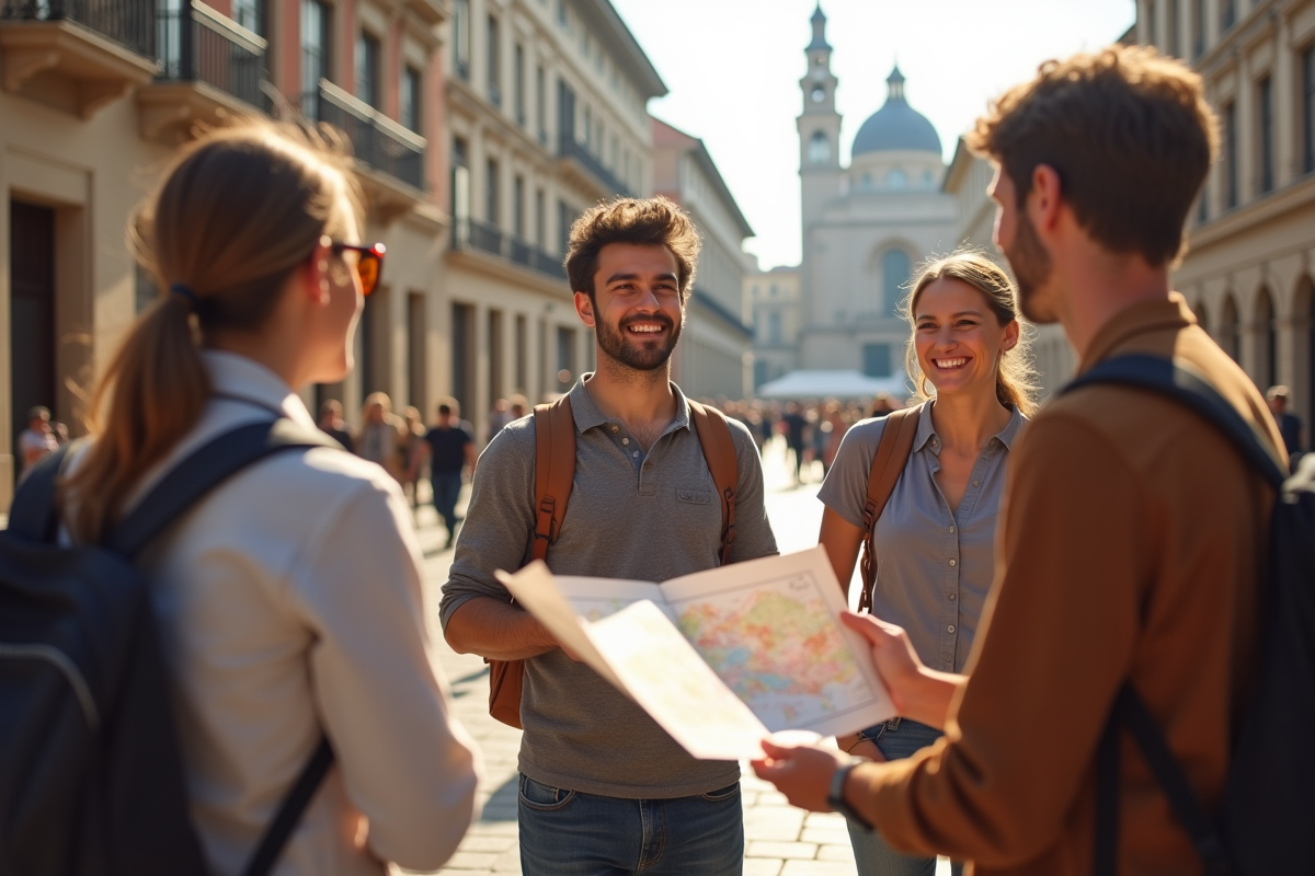 Groupe de touristes écoutant un guide dans une place historique