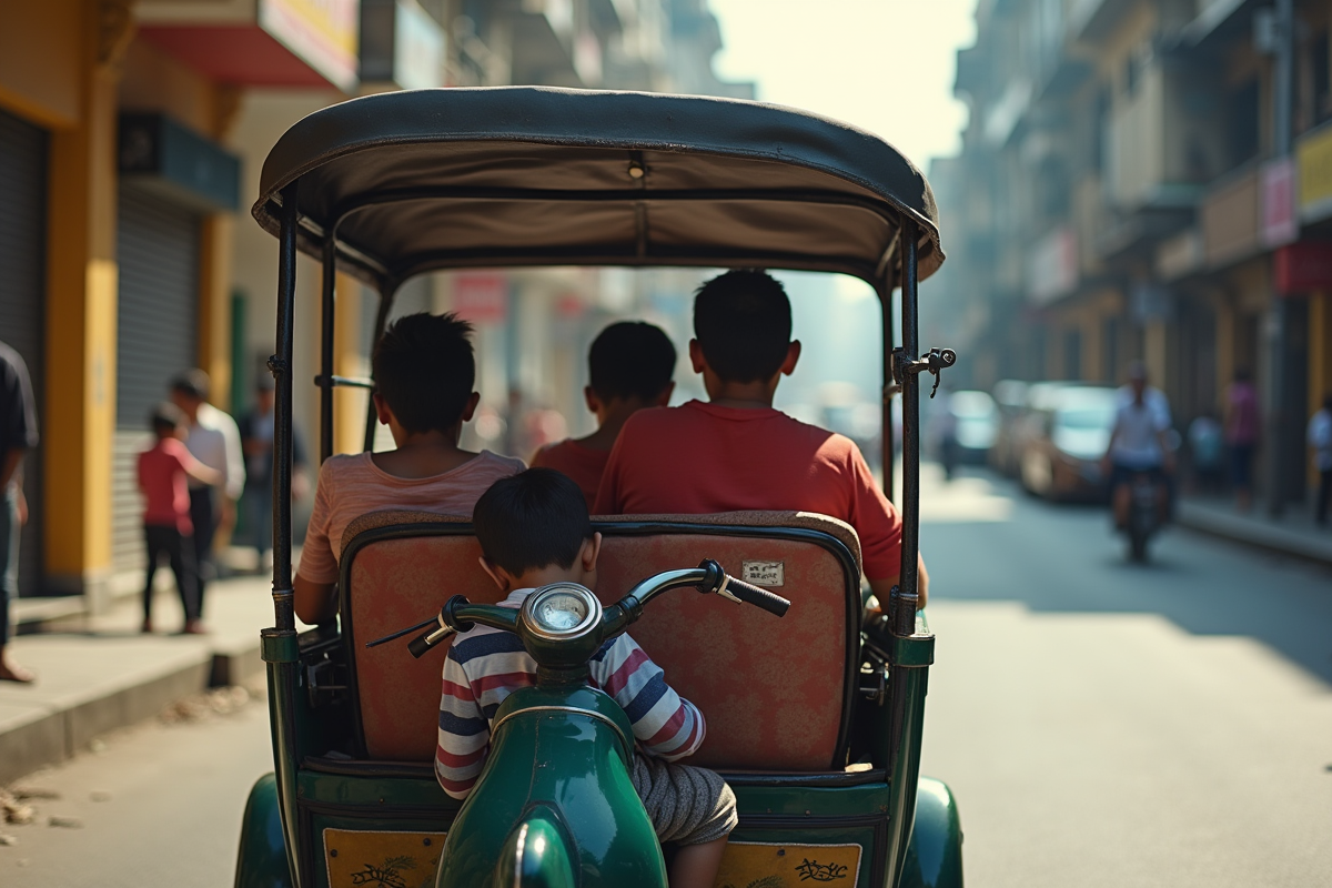 Groupe d'adultes et enfants dans un tuktuk en ville