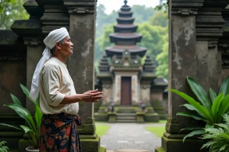 Guide local balinais en tenue traditionnelle devant les portes en pierre du temple Taman Ayun à Bali