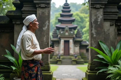 Guide local balinais en tenue traditionnelle devant les portes en pierre du temple Taman Ayun à Bali