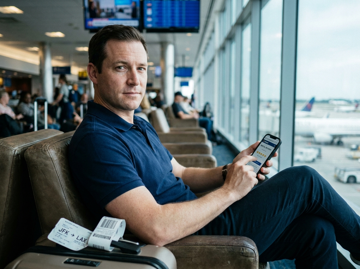 Homme vérifiant les avis d'une agence de location sur smartphone dans un aéroport avant son départ en voyage