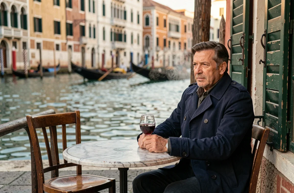 Homme savourant un verre de vin en terrasse face au Grand Canal de Venise en hiver