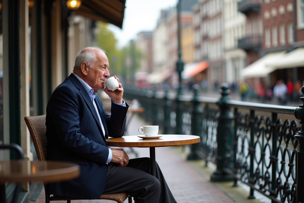Homme sirotant un café au bord d