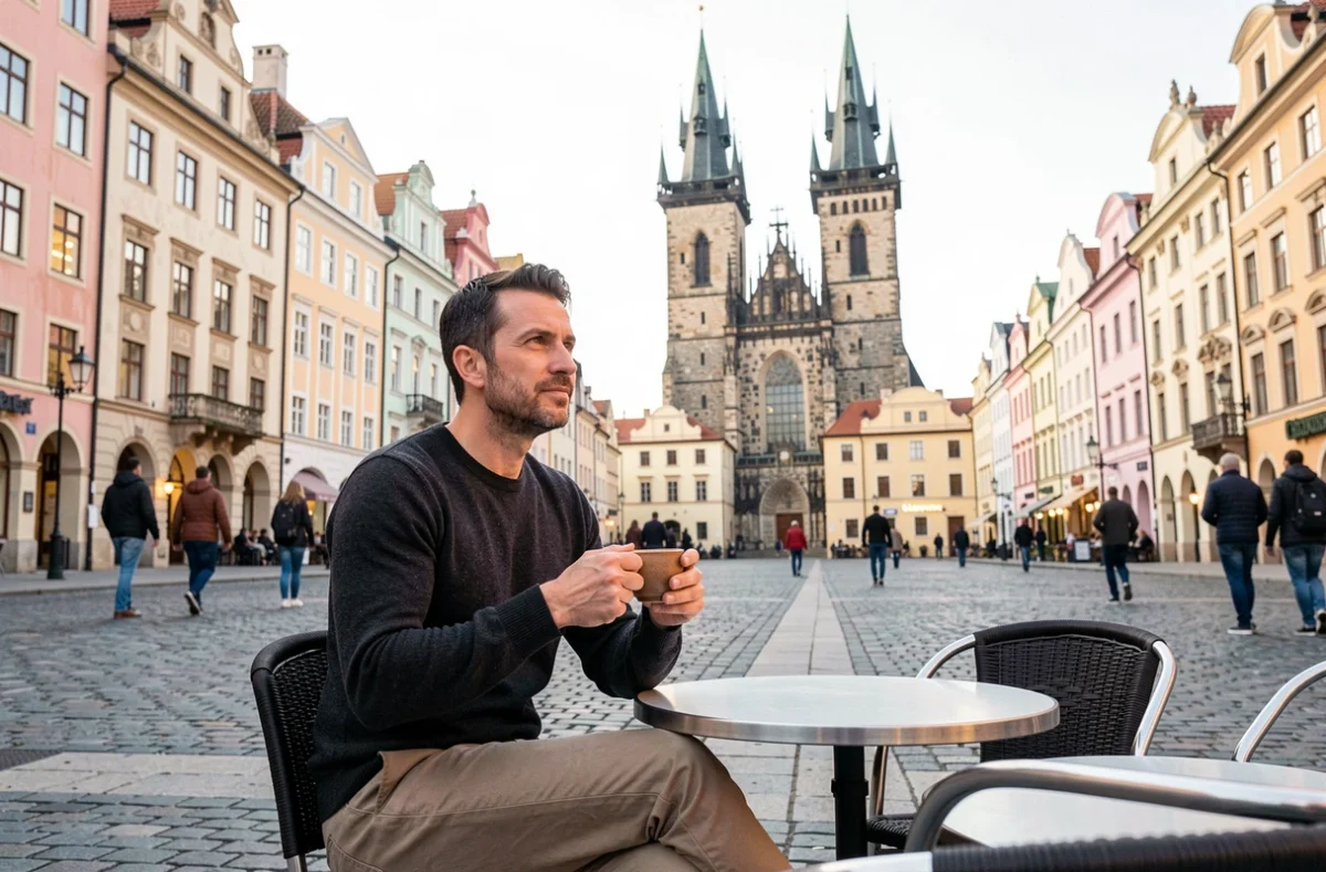 Homme attablé à une terrasse de café sur la Place de la Vieille-Ville de Prague avec vue sur l'église du Týn