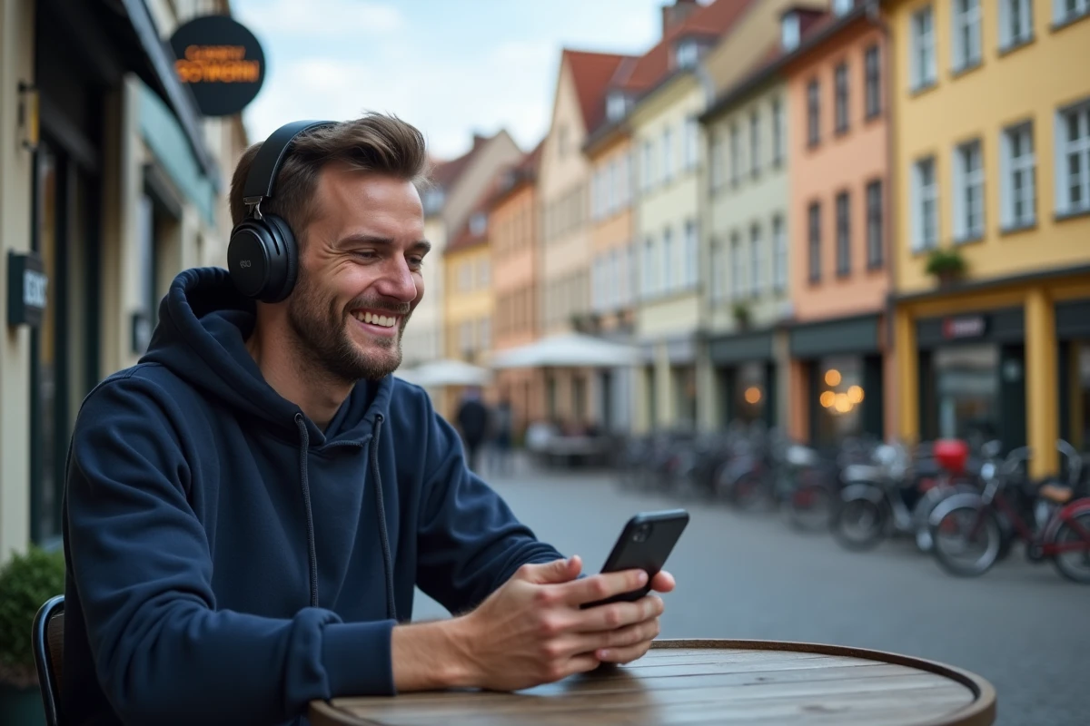 Homme en ext&eacute;rieur lors d&rsquo;un appel vid&eacute;o dans une place urbaine allemande