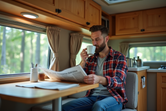 Homme d'âge moyen dans un van cosy buvant un café