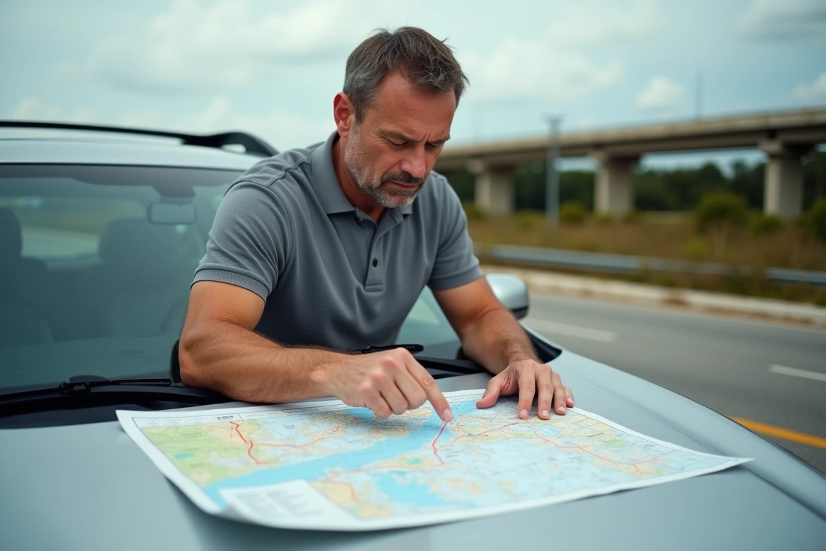 Homme consultant une carte routière posée sur le capot d'un SUV lors d'une pause sur la route de Miami à Orlando