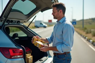 Homme chargeant des cartons de tabac dans une voiture au border