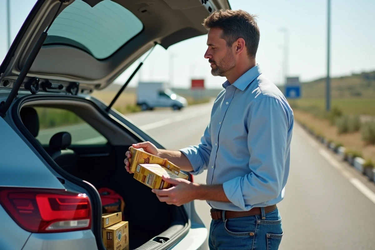 Homme chargeant des cartons de tabac dans une voiture au border
