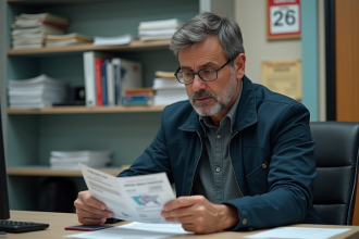 Homme d'âge moyen examinant un permis de conduire et un passeport dans un bureau administratif français