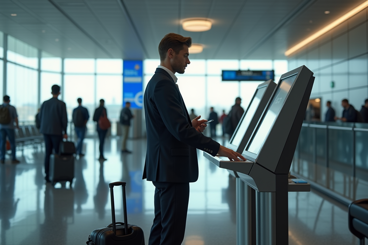 Homme enregistrement à un kiosque d