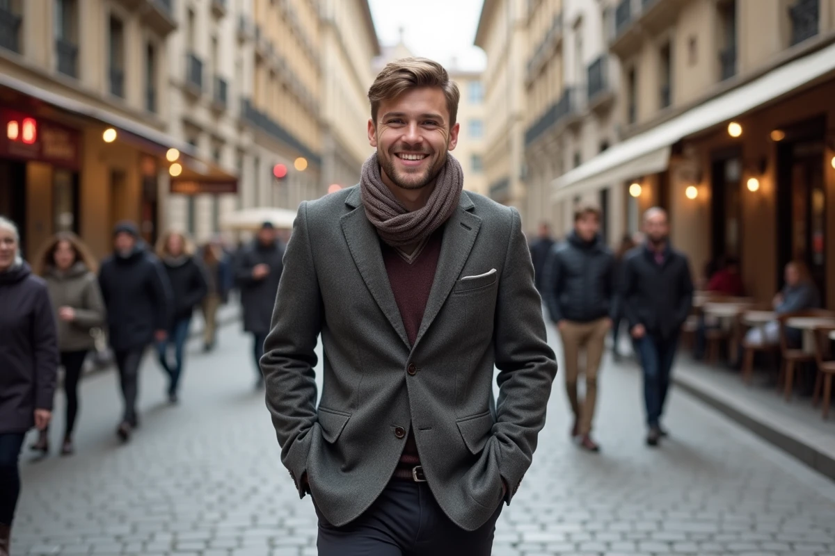 Jeune homme européen marchant dans une rue pavée