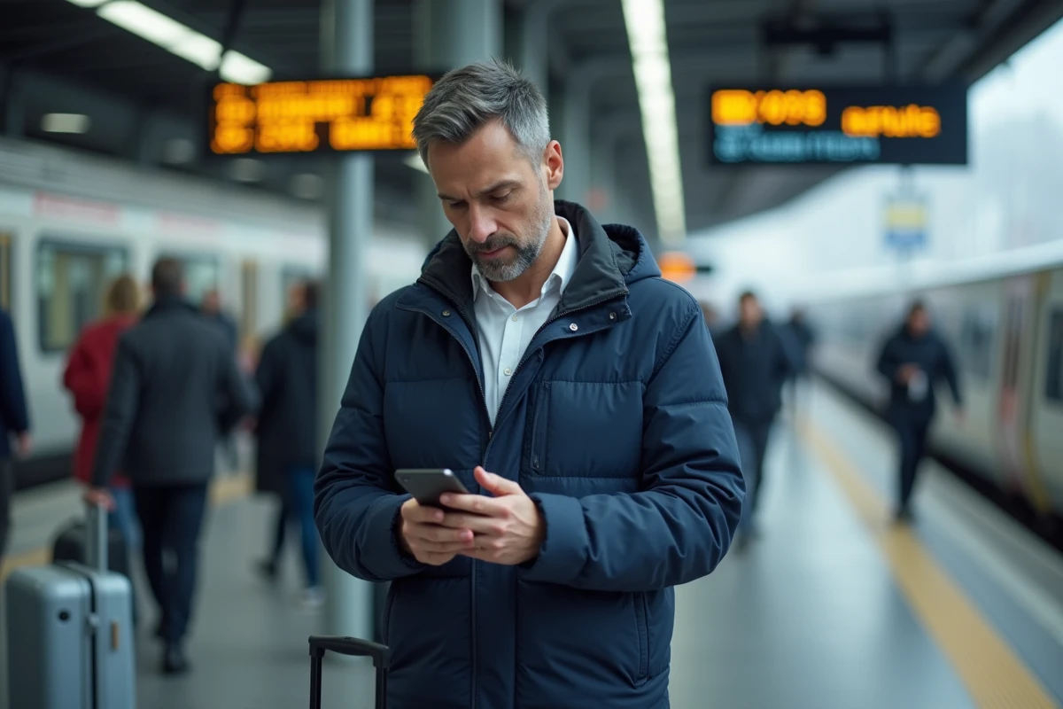 Homme consultant son téléphone pour joindre le support BlaBlaCar en gare
