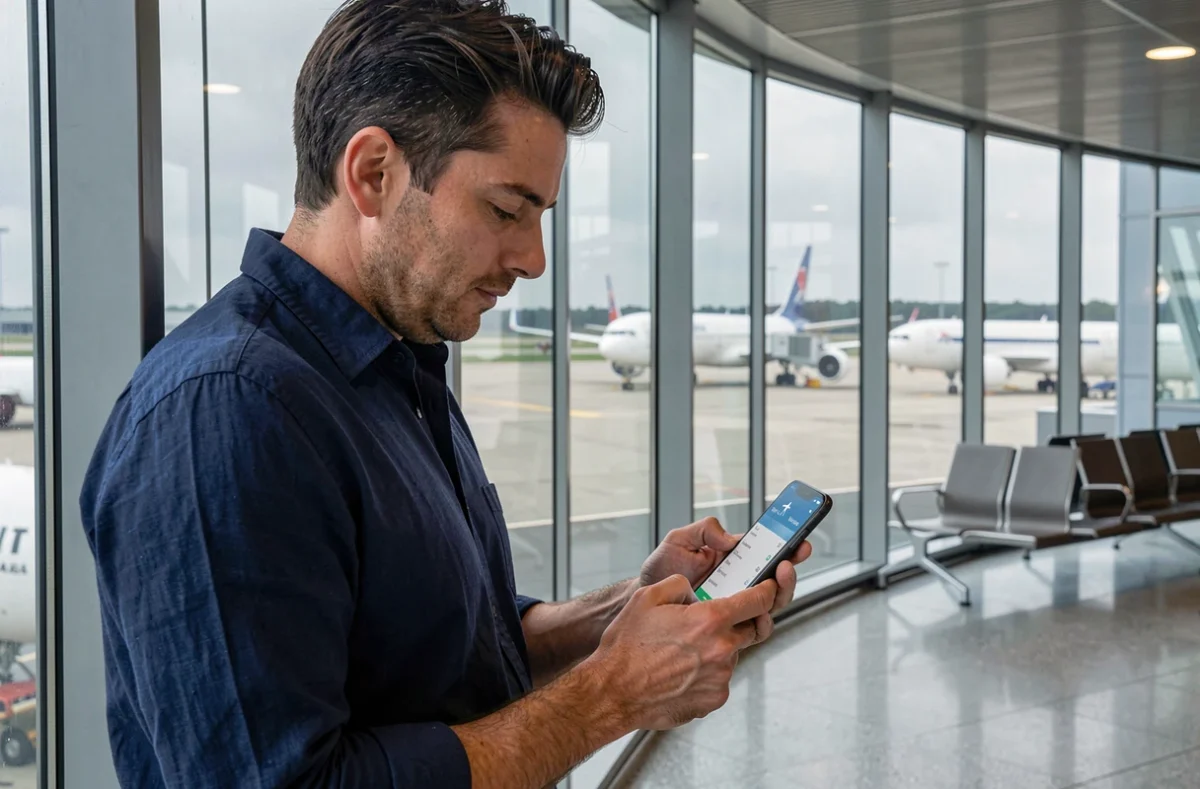 Homme utilisant Google Flights sur mobile dans un terminal d'aéroport pour comparer les prix de vols