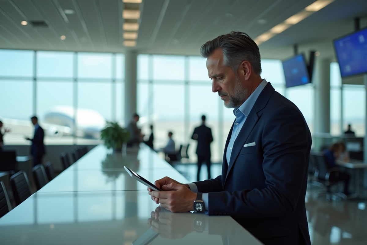 Homme en blazer consulte une application de voyage à l