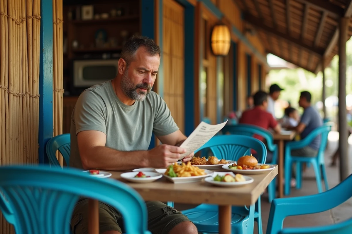 Homme étudiant un menu dans un warung local à Padangbai