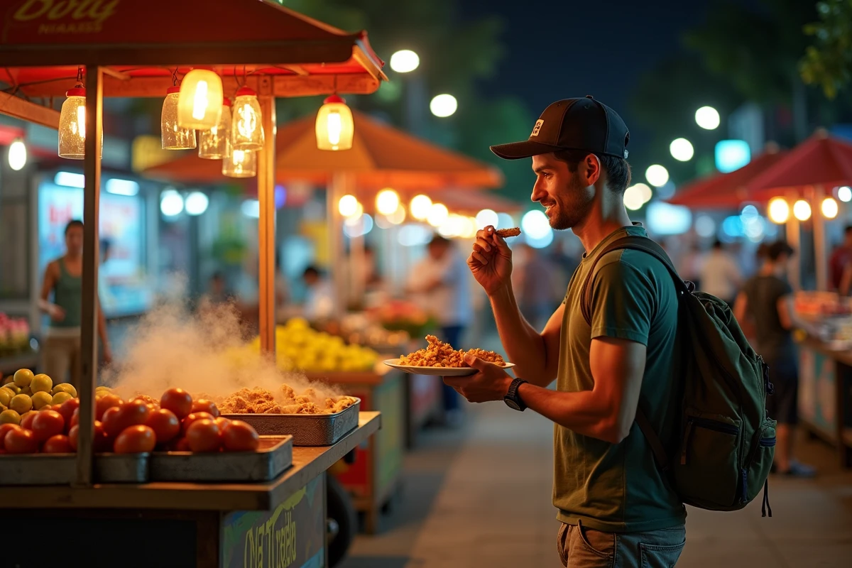Homme d&eacute;gustant un plat de rue dans un march&eacute; nocturne vietnamien