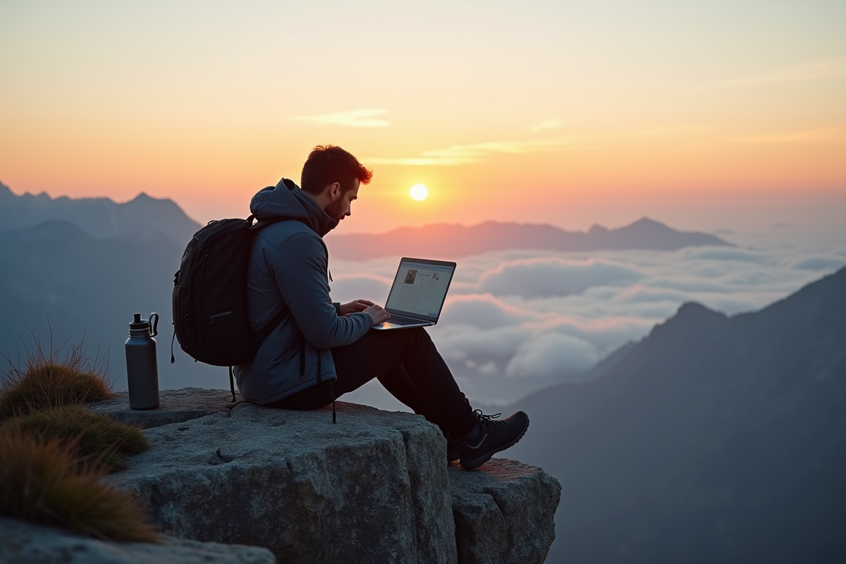 Homme travaillant sur un ordinateur au lever du soleil en montagne