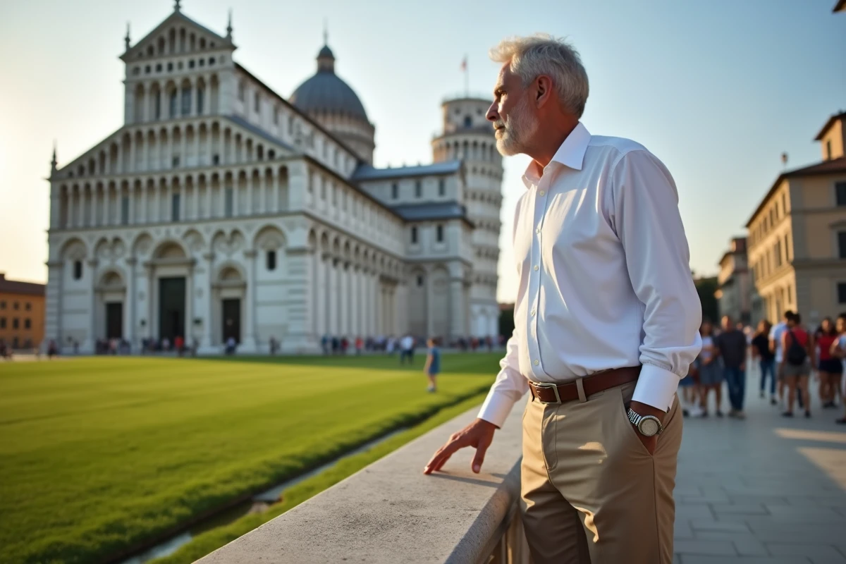 Homme regardant la tour de Pise dans la piazza