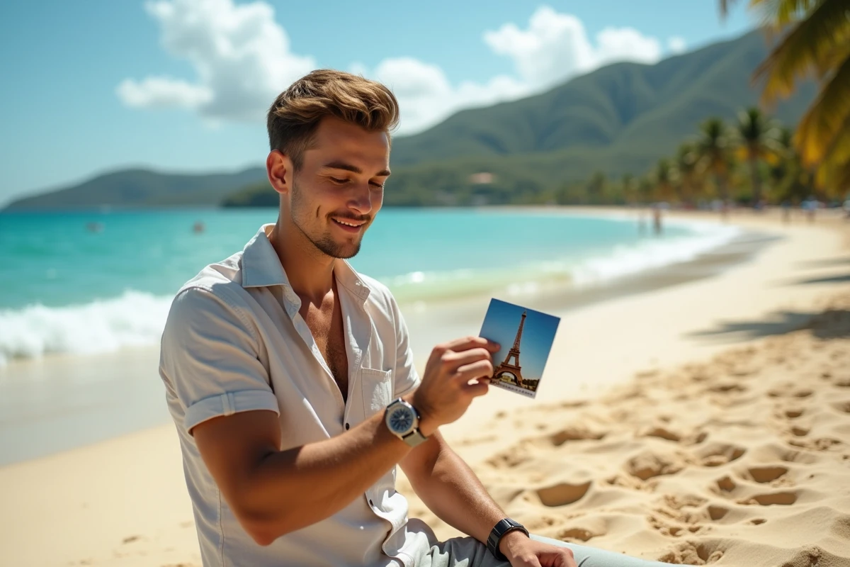 Jeune homme relaxant sur la plage de Martinique avec montre