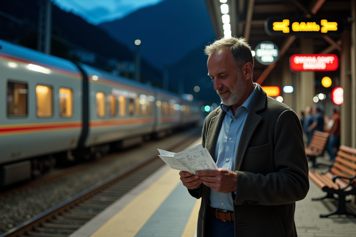 Homme vérifiant son billet sur une plateforme de nuit
