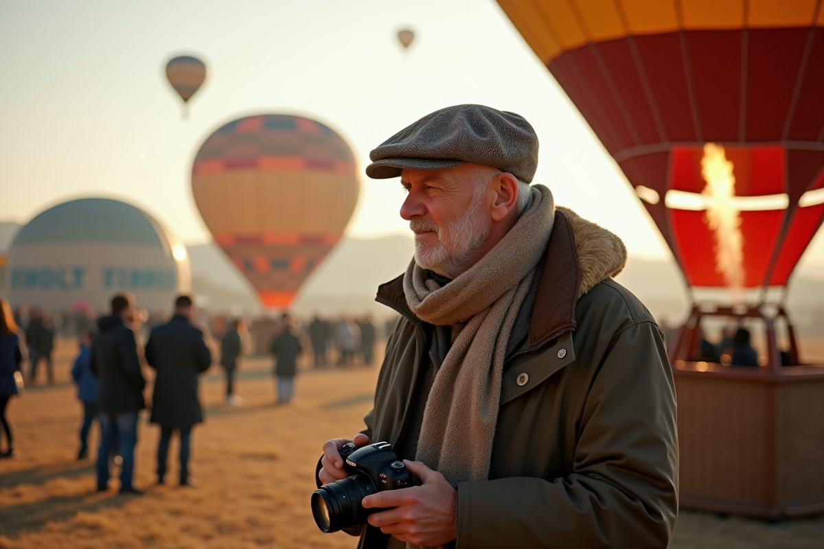 Homme âgé avec un appareil photo près de ballons en préparation