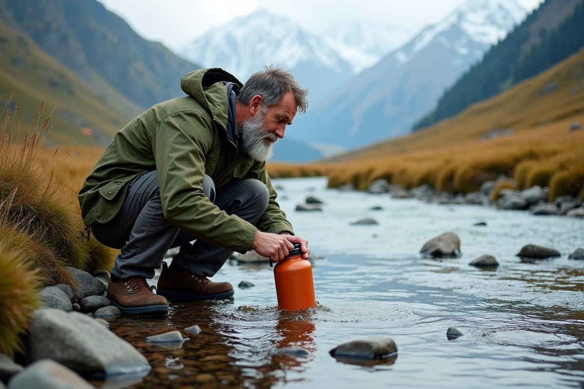Homme remplissant une gourde au bord d