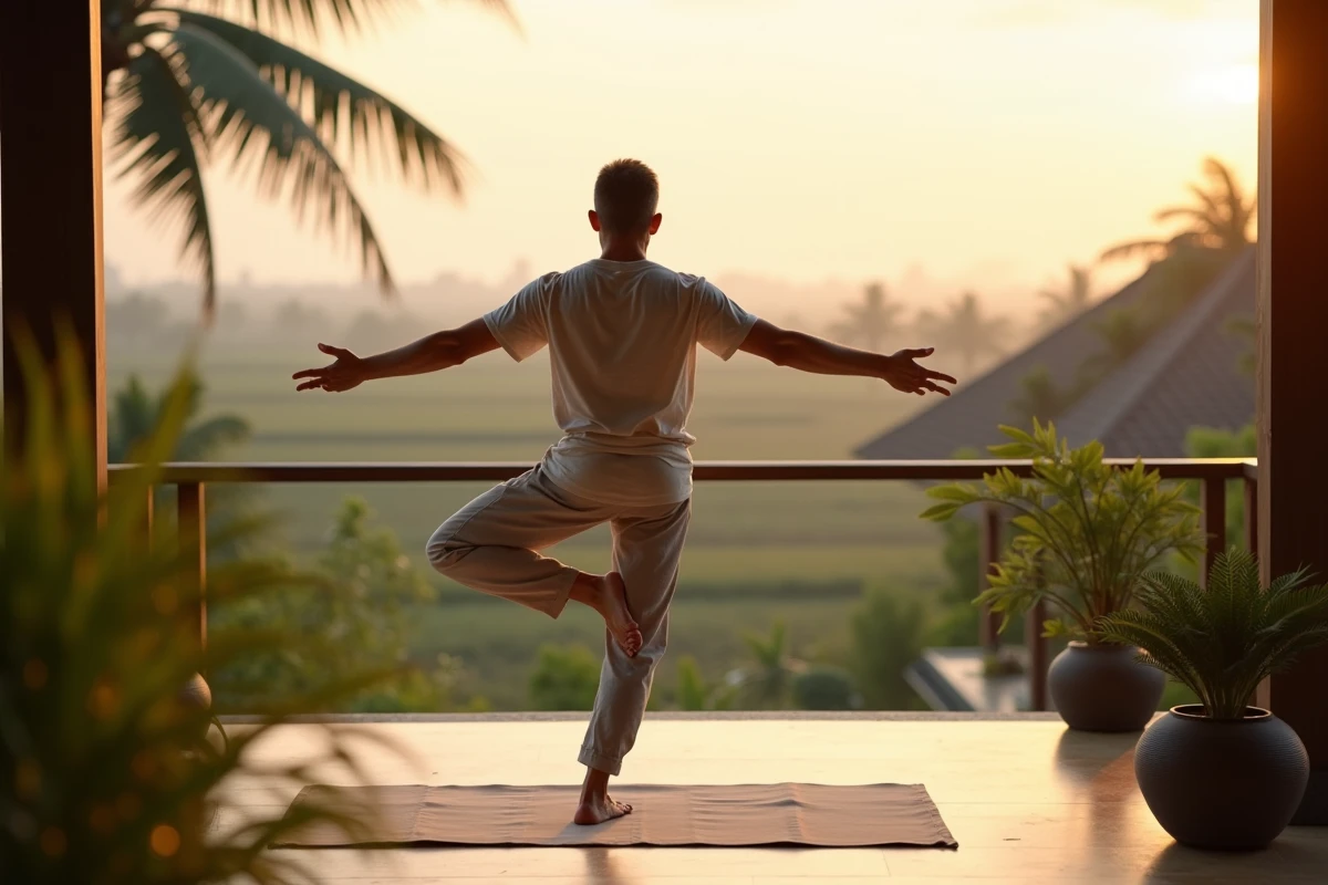 Homme m&eacute;ditant sur une terrasse bali au lever du soleil
