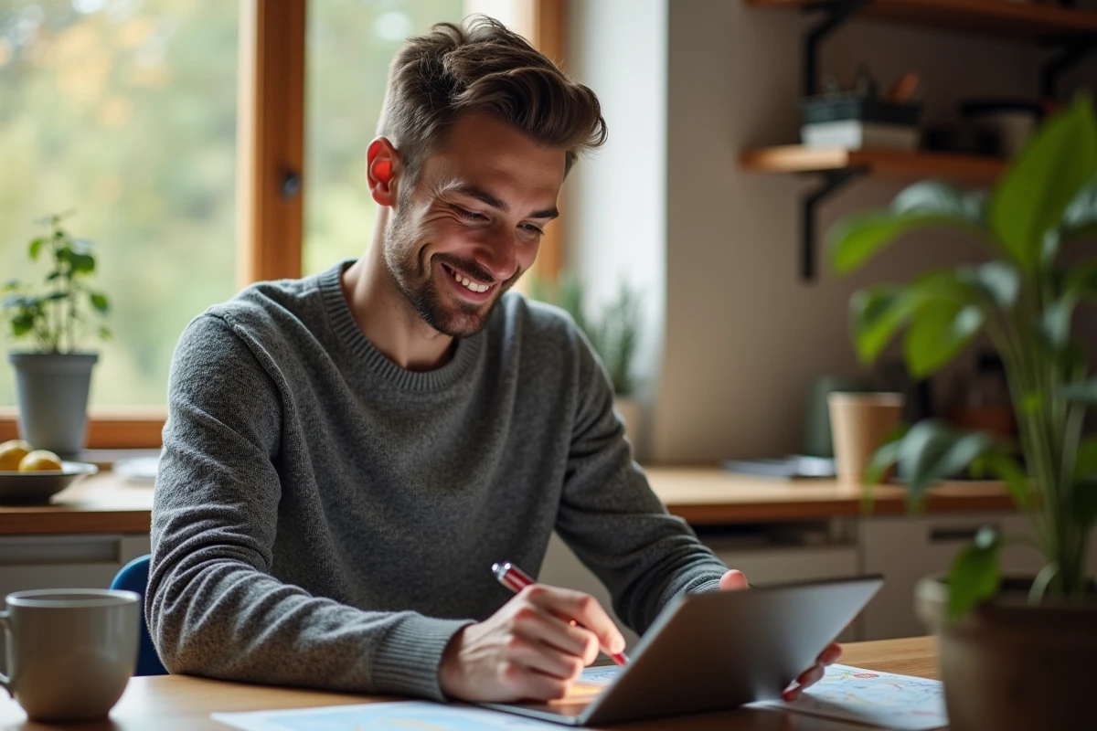 Homme souriant utilisant une tablette dans la cuisine