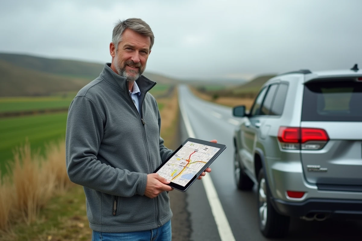 Homme consultant une carte routière numérique sur tablette au bord d'une route de campagne