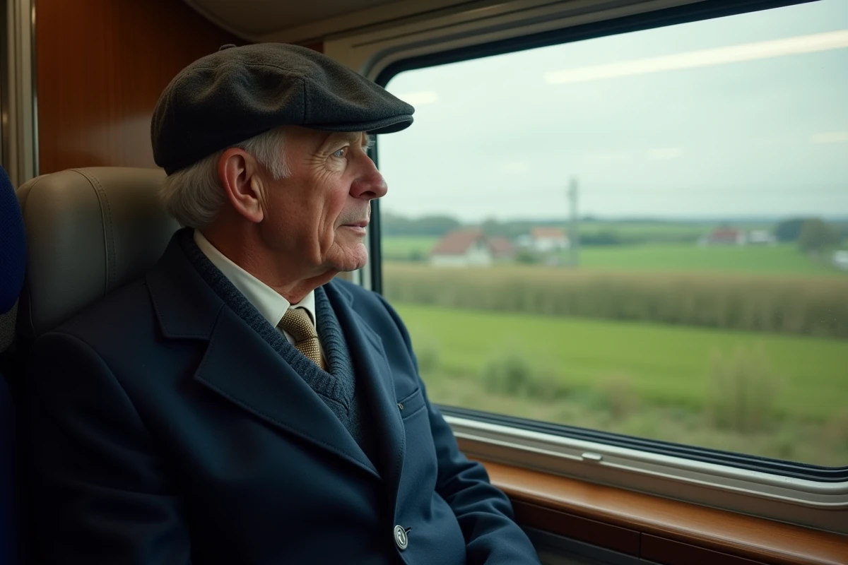 Homme âgé regardant par la fenêtre du train en campagne