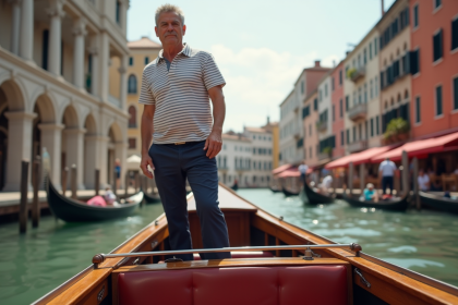 Homme de Venise en bateau taxi sur le Grand Canal