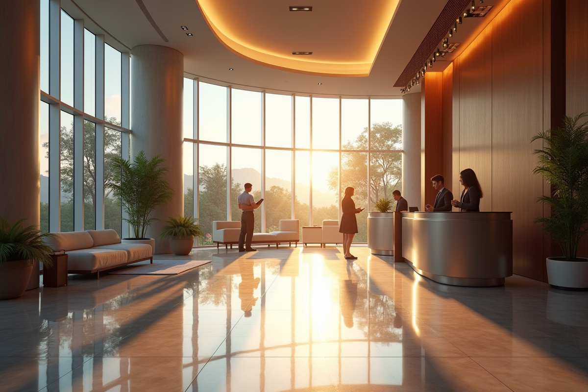Lobby d'hôtel moderne avec des clients utilisant des appareils numériques