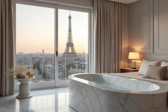 Chambre d'hôtel de luxe à Paris avec jacuzzi en marbre blanc et vue directe sur la Tour Eiffel au crépuscule