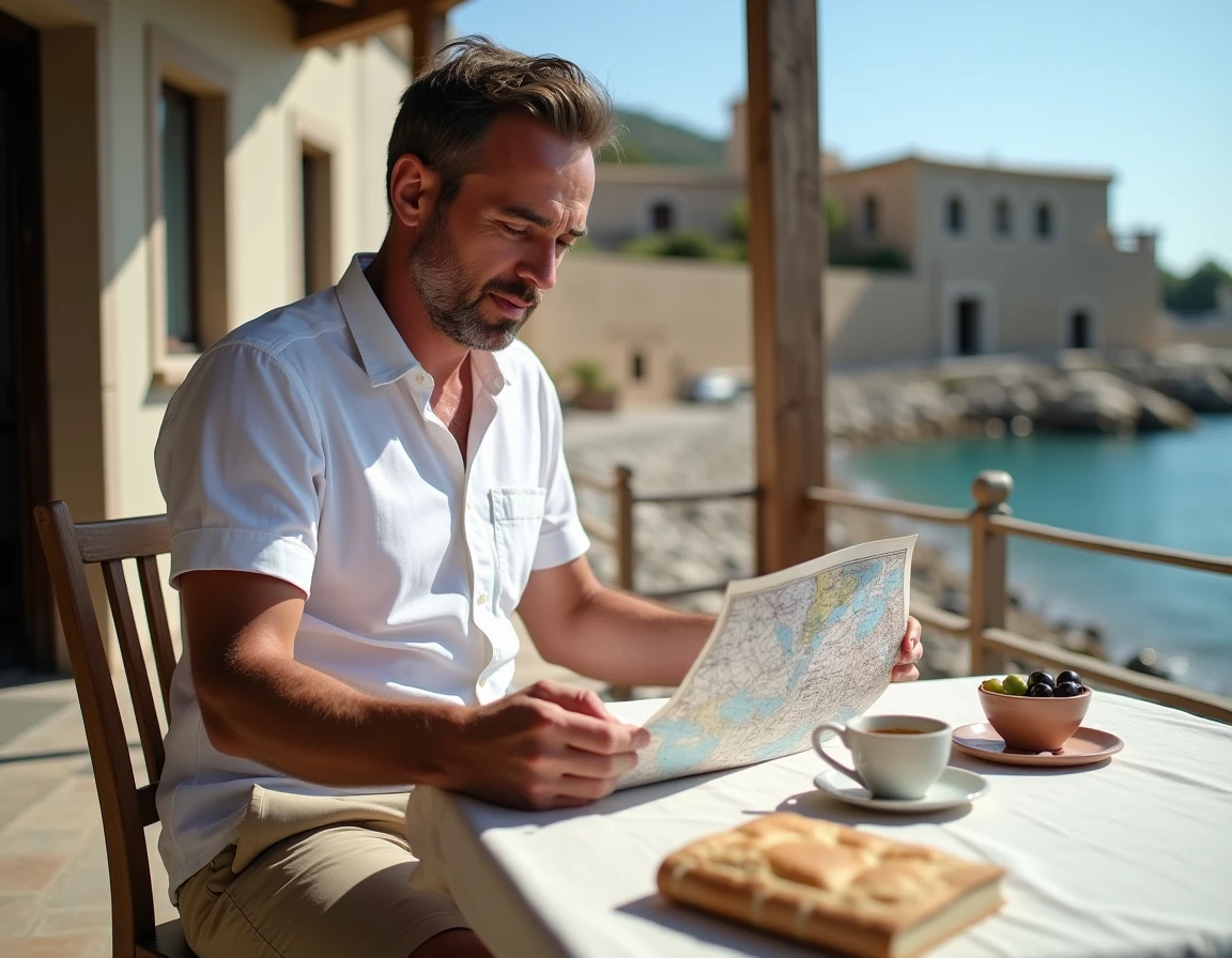 Voyageur consultant son budget sur la terrasse d'un hôtel à Limeni avec vue sur la baie du Péloponnèse