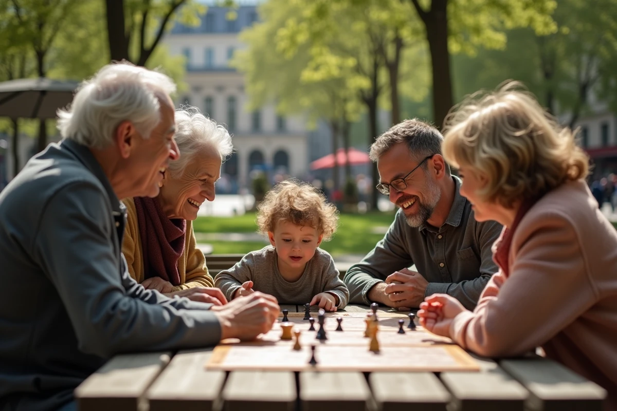 Trois générations jouent à un jeu dans un jardin parisien