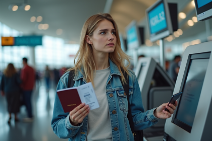 Jeune femme avec passeport et boarding pin à l'aéroport