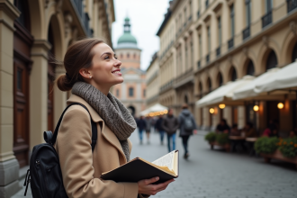 Jeune femme admirant l'architecture européenne avec guide