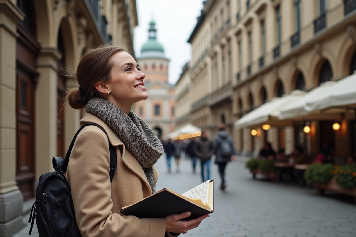 Jeune femme admirant l'architecture européenne avec guide